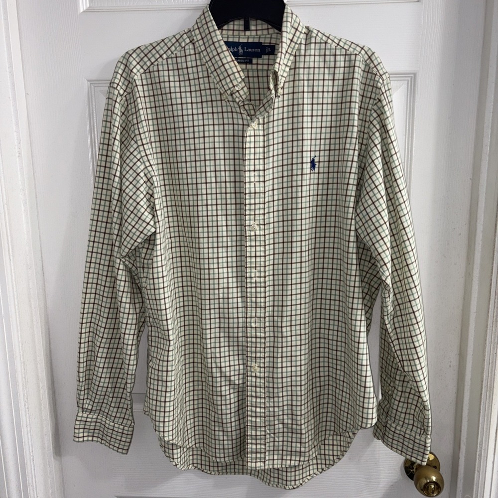 Ralph Lauren Classic Fit Plaid Button Down Shirt Men's Large Cream Brown Green